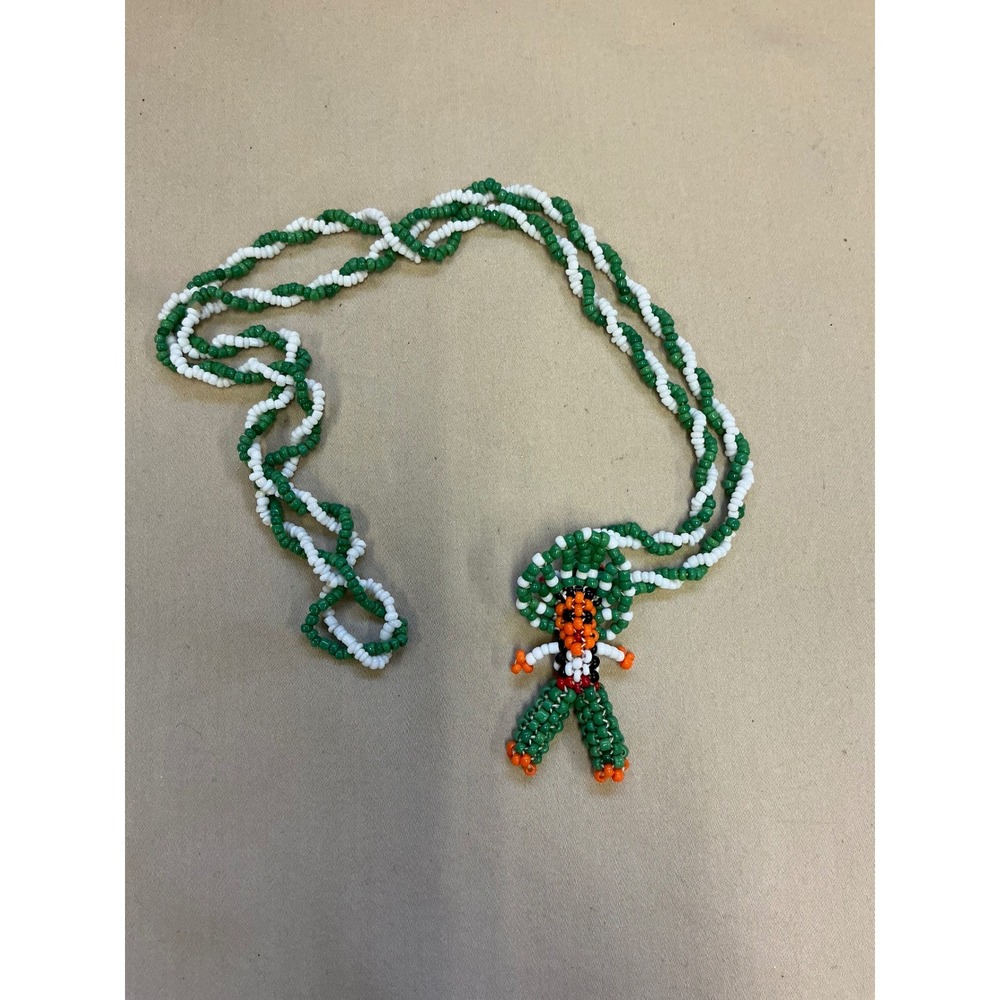 Vintage Beaded Folk Art Necklace Green White Seed Bead Figure Pendant 14 Inch